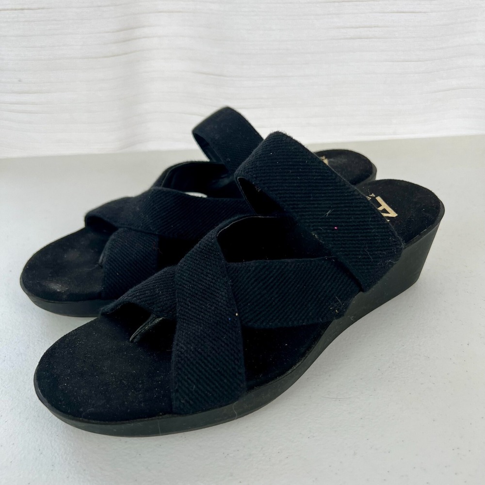 Aerosoles‎ Slides Sandals Womens Sz 6.5 Black Slip On Stretch Wedge Heel Casual